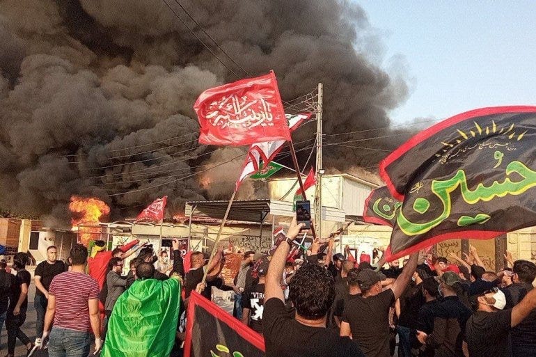 The office of Dijlah TV station in Baghdad was badly damaged after it was set ablaze by protesters on August 31 [Photo circulated on social media via HRW]